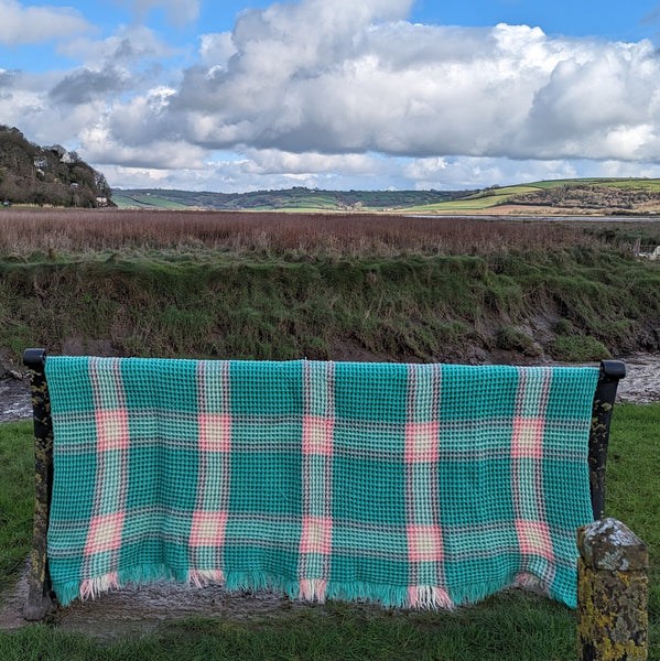 Vintage Welsh wool honeycomb blanket - pink, lemon and green