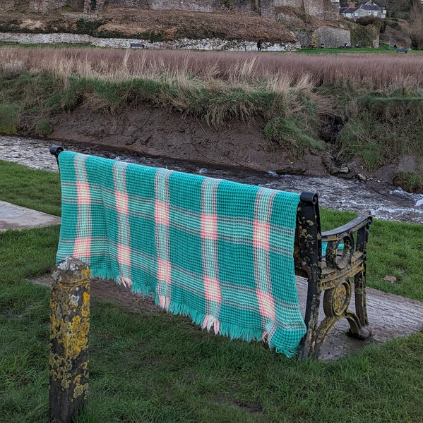 Vintage Welsh wool honeycomb blanket - pink, lemon and green