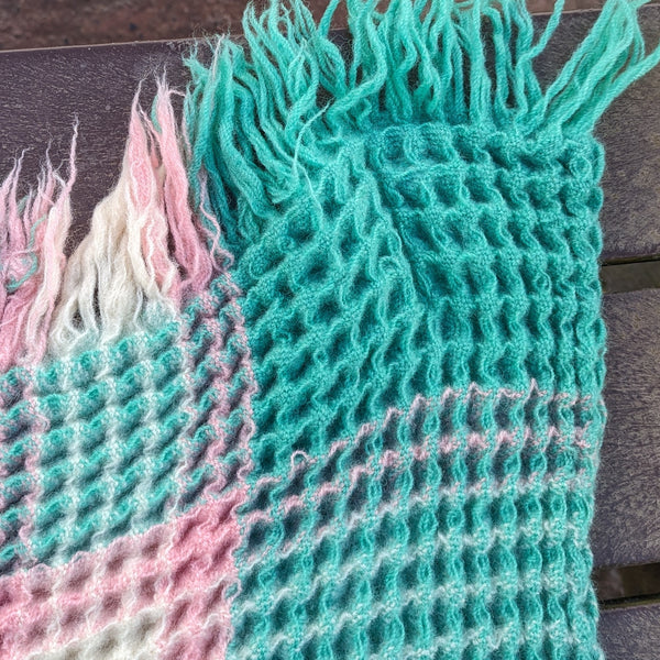 Vintage Welsh wool honeycomb blanket - pink, lemon and green