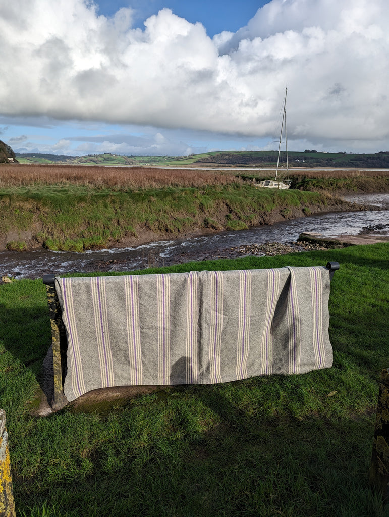 Antique, narrow loom Welsh blanket, grey with cream and gentian stripes