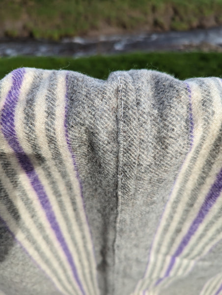 Antique, narrow loom Welsh blanket, grey with cream and gentian stripes