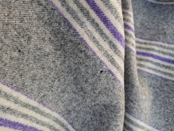 Antique, narrow loom Welsh blanket, grey with cream and gentian stripes