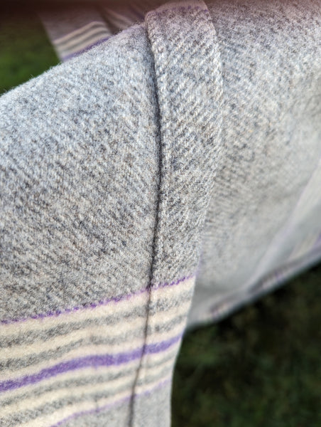 Antique, narrow loom Welsh blanket, grey with cream and gentian stripes