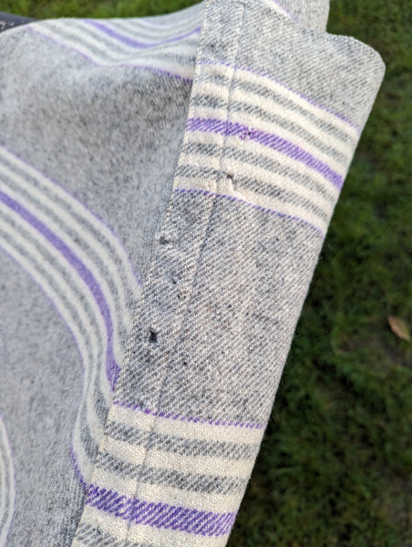 Antique, narrow loom Welsh blanket, grey with cream and gentian stripes