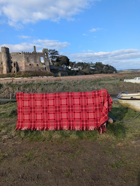 Vintage red and black Welsh tapestry blanket