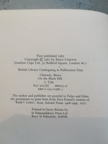 Bruce Chatwin signed first edition book 'On The Black Hill'