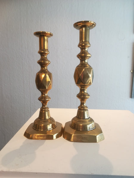 'Queen of Diamonds' brass candlestick pair.