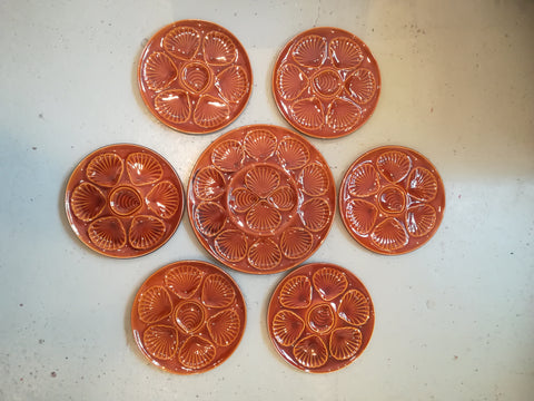 Brown glazed vintage oyster plates - holds half a dozen oysters