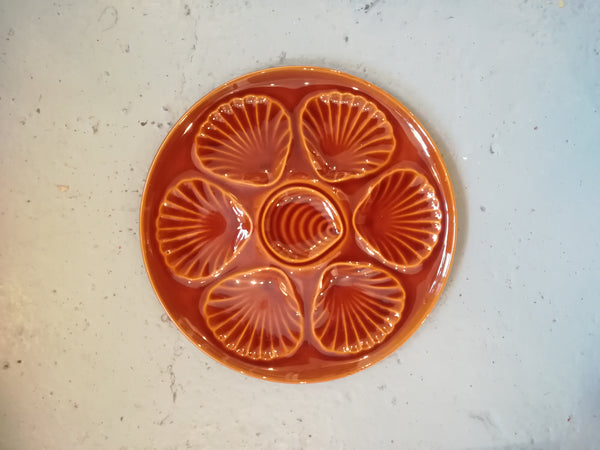 Brown glazed vintage oyster plates - holds half a dozen oysters