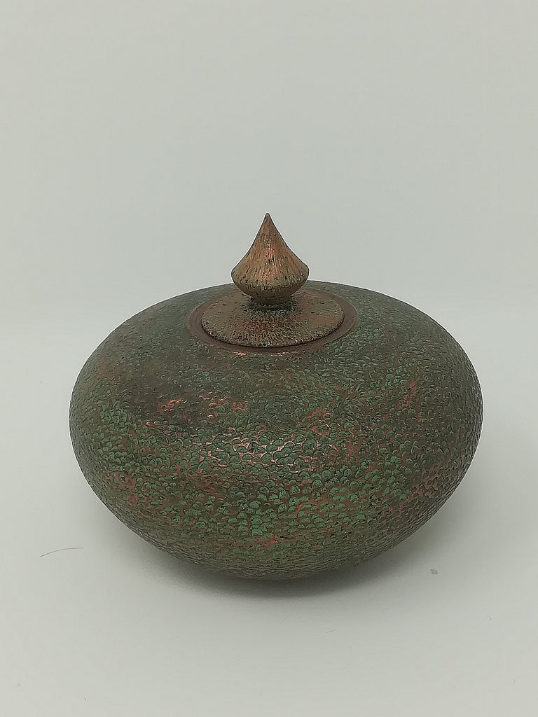 Turned wood verdigris sycamore jar by Roderick Evans.