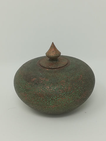 Turned wood verdigris sycamore jar by Roderick Evans.