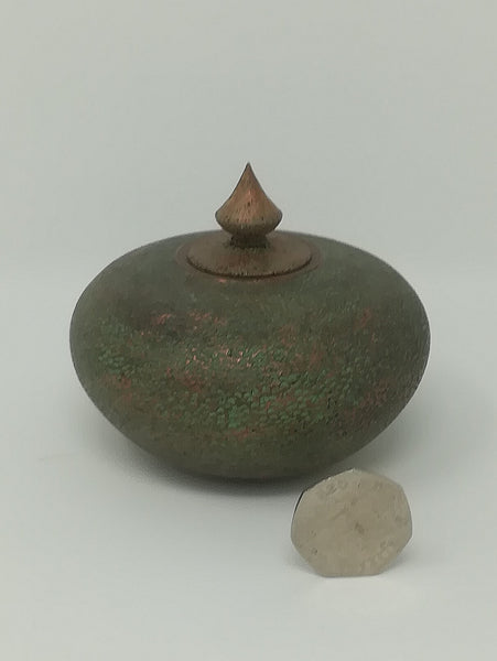 Turned wood verdigris sycamore jar by Roderick Evans.