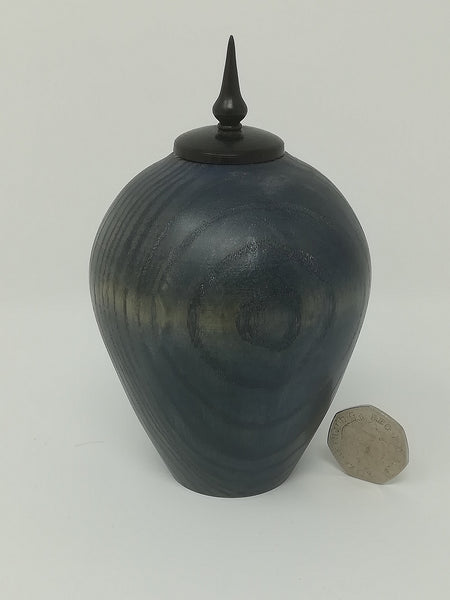 Turned wood, blue stained ash jar by Roderick Evans