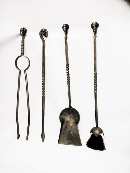 Rams head fire set, full set of four tools & stand - hand forged in mild steel