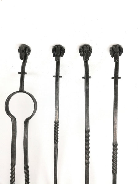 Rams head fire set, full set of four tools & stand - hand forged in mild steel