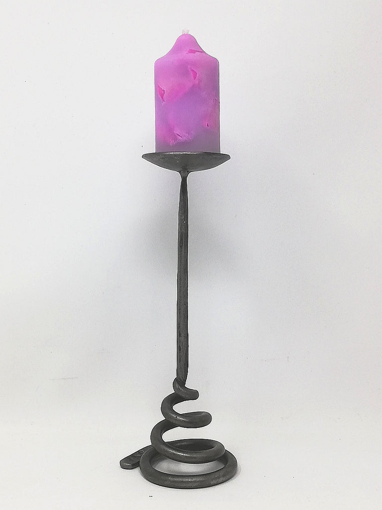 Small spiral based candle stick, hand forged in mild steel