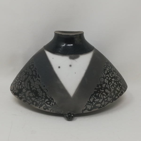 Mick Morgan -squat monochrome raku lidded vessel.