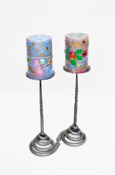 tall, spiral based, handforged candle stick