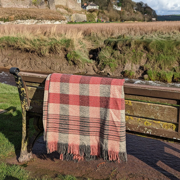Antique Welsh narrow loom herringbone blanket - madder and charcoal