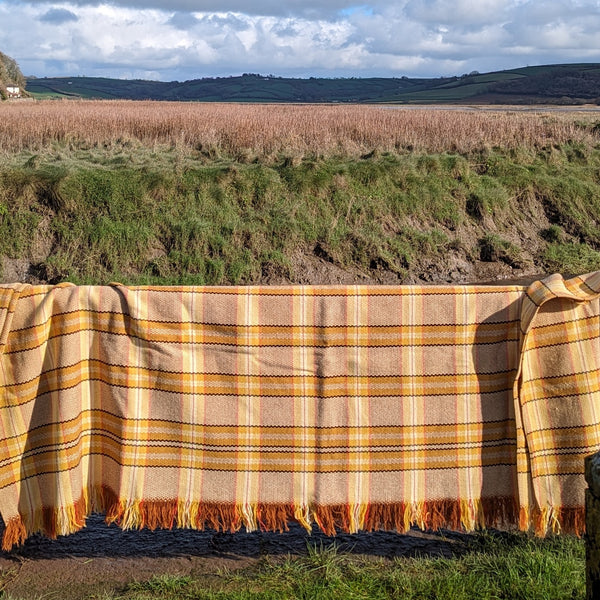 Vintage Welsh fringed blanket in golds and browns