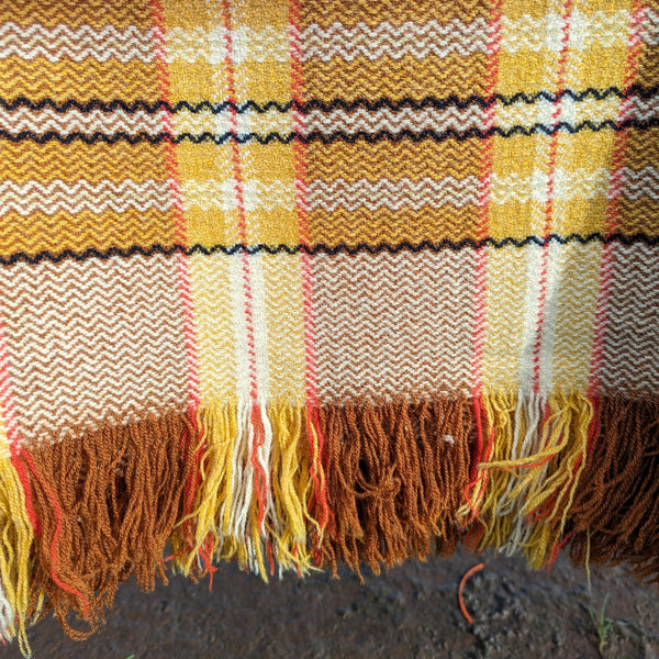 Vintage Welsh fringed blanket in golds and browns