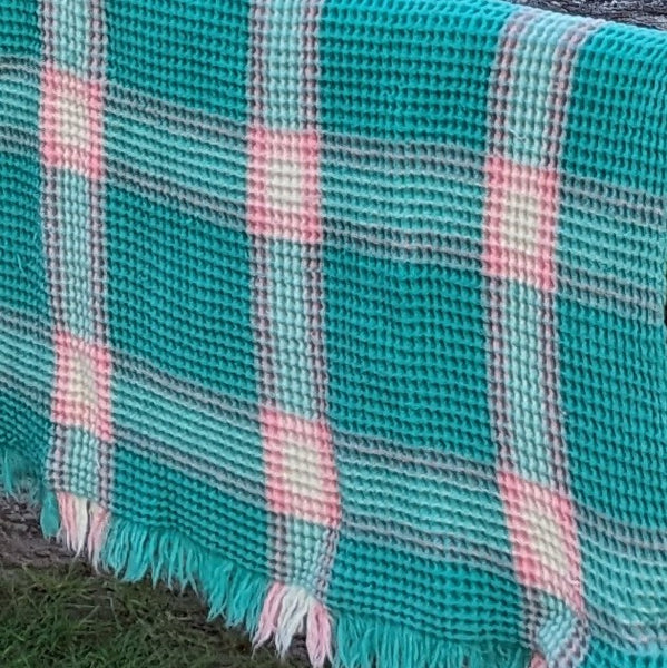 Vintage Welsh wool honeycomb blanket - pink, lemon and green