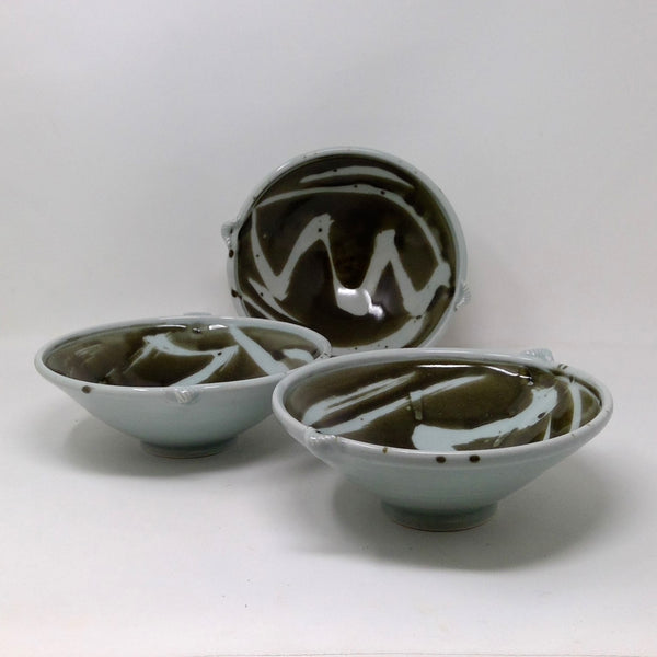 Mick Morgan raku bowl blue and brown/green.