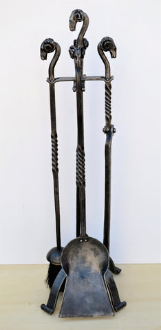 Rams head fire set, full set of four tools & stand - hand forged in mild steel