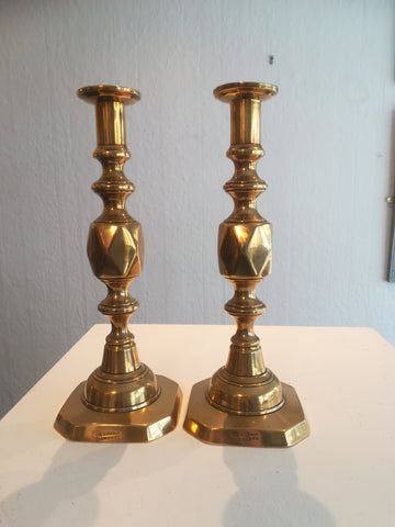 'Queen of Diamonds' brass candlestick pair.