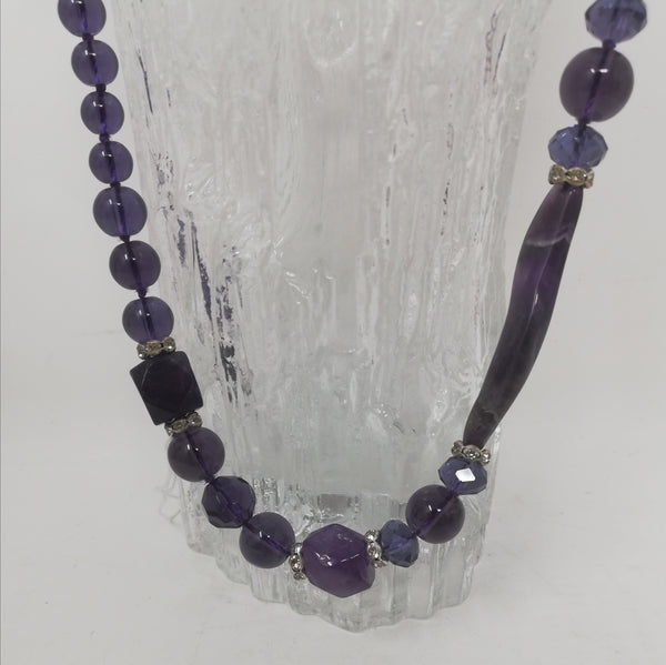 long amethyst beaded necklace with small rhinestone accents