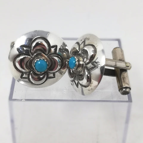 Turquoise and silver cufflinks, Navajo style.