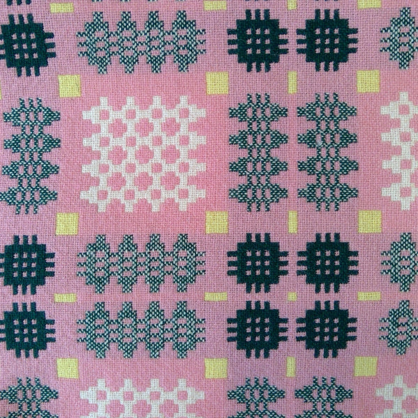 Vintage Welsh tapestry blanket - large, pink, grey, lemon, black.