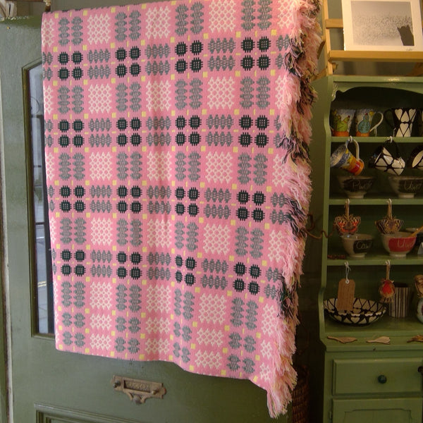 Vintage Welsh tapestry blanket - large, pink, grey, lemon, black.